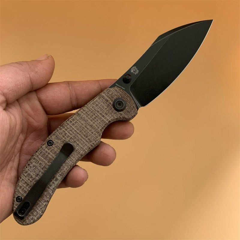 Nesstreet K1039A4 Black Stonewashed CPM-S35VN Blade Brown Canvas Micarta Handle with Karambit Maker design | Folding Pocket Knives