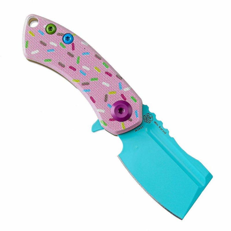 Only for Cutomers outside of US-Mini Korvid Flipper Knife G10 with Donut Print Handle (1.45” 154CM Blade) Koch Tools Dsign-T3030B1 Blue Pink | Folding Pocket Knives