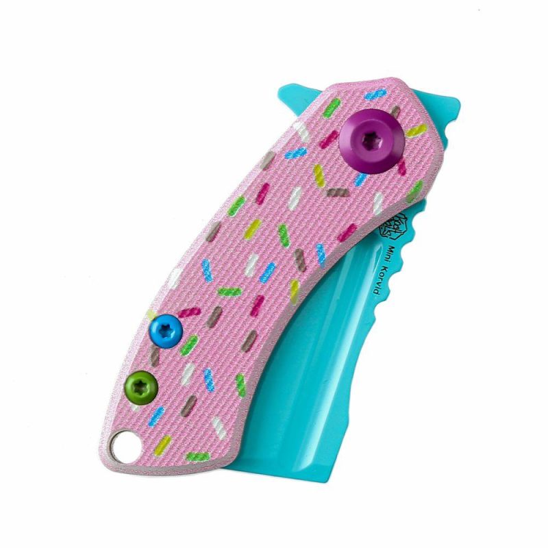 Only for Cutomers outside of US-Mini Korvid Flipper Knife G10 with Donut Print Handle (1.45” 154CM Blade) Koch Tools Dsign-T3030B1 Blue Pink | Folding Pocket Knives