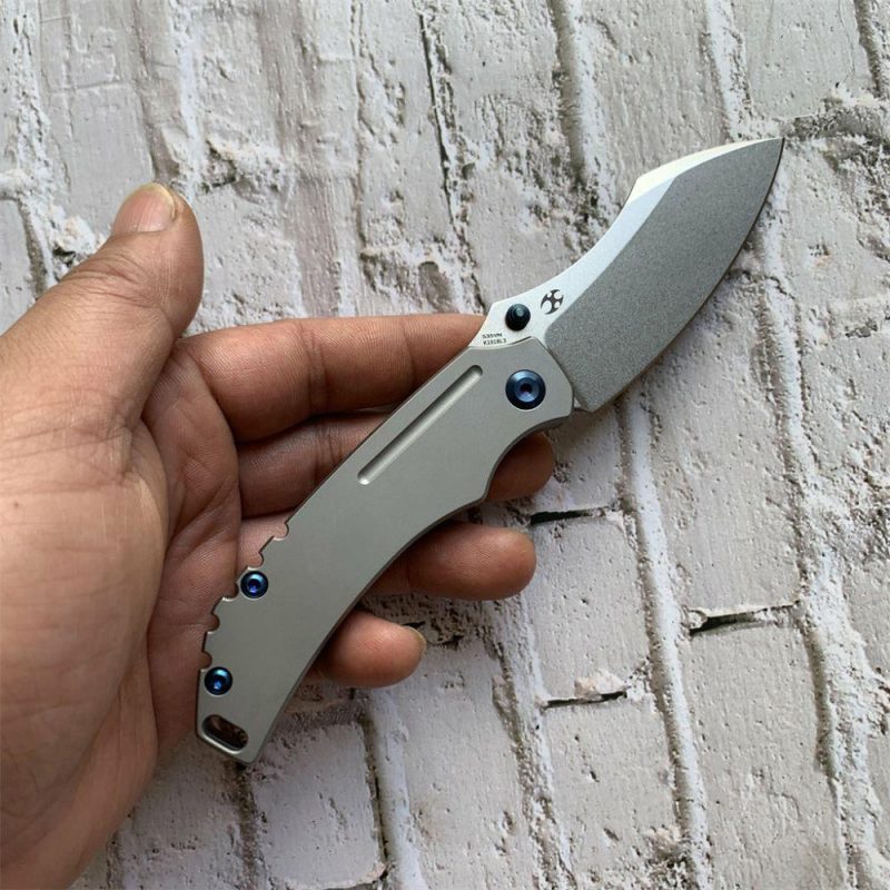 Peican Edc –Left Handed Thumb Knife Stonewashed Titanium Handle (3.0" CPM-S35VN Blade) Kmaxrom Design -K1018L3 Gray | Folding Pocket Knives