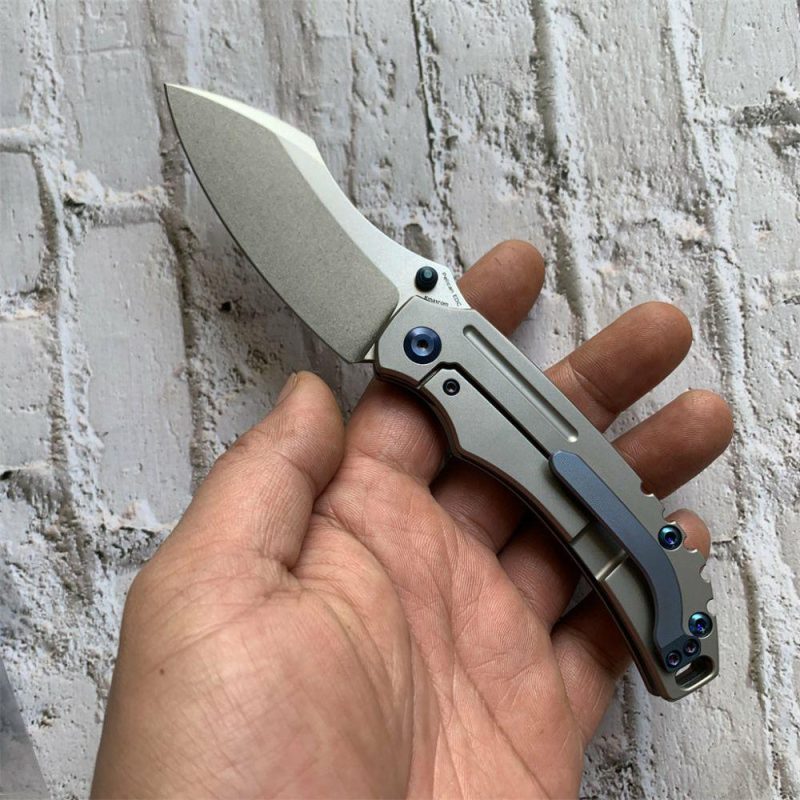 Peican Edc –Left Handed Thumb Knife Stonewashed Titanium Handle (3.0" CPM-S35VN Blade) Kmaxrom Design -K1018L3 Gray | Folding Pocket Knives