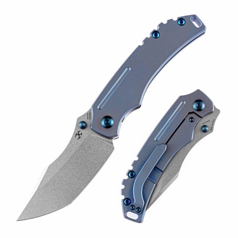 Pelican Edc Flipper Knife Blue Anodized Titanium Handle (3.0’‘CPM-S35VN Tanto Blade)Kmaxrom Design-K1018A5 Blue | Folding Pocket Knives