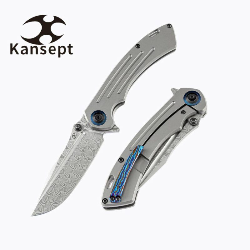 Pretatout K1032D1 Dmascus Blade Stonewashed Titanium Handle with Kmaxrom Design | Folding Pocket Knives