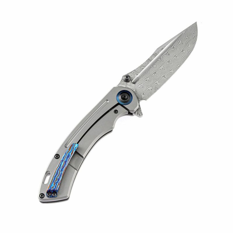 Pretatout K1032D1 Dmascus Blade Stonewashed Titanium Handle with Kmaxrom Design | Folding Pocket Knives