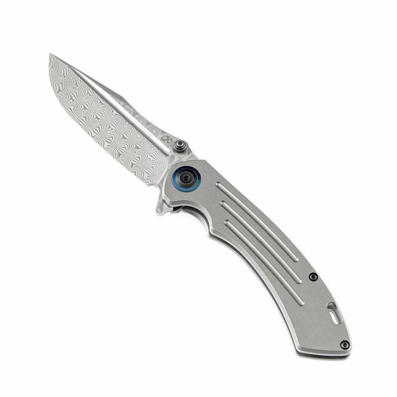 Pretatout K1032D1 Dmascus Blade Stonewashed Titanium Handle with Kmaxrom Design | Folding Pocket Knives