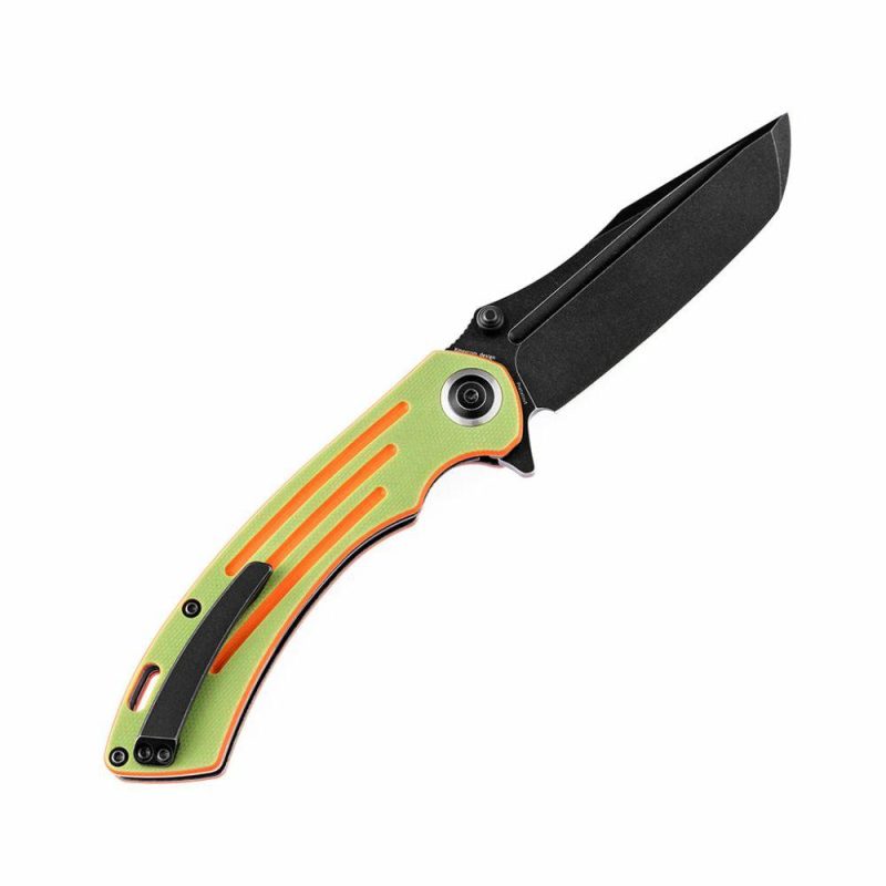 Pretatout T1032T2 Stonewashed 154CM Blade Green and Orange G10 Handle with Kmaxrom Design | Folding Pocket Knives