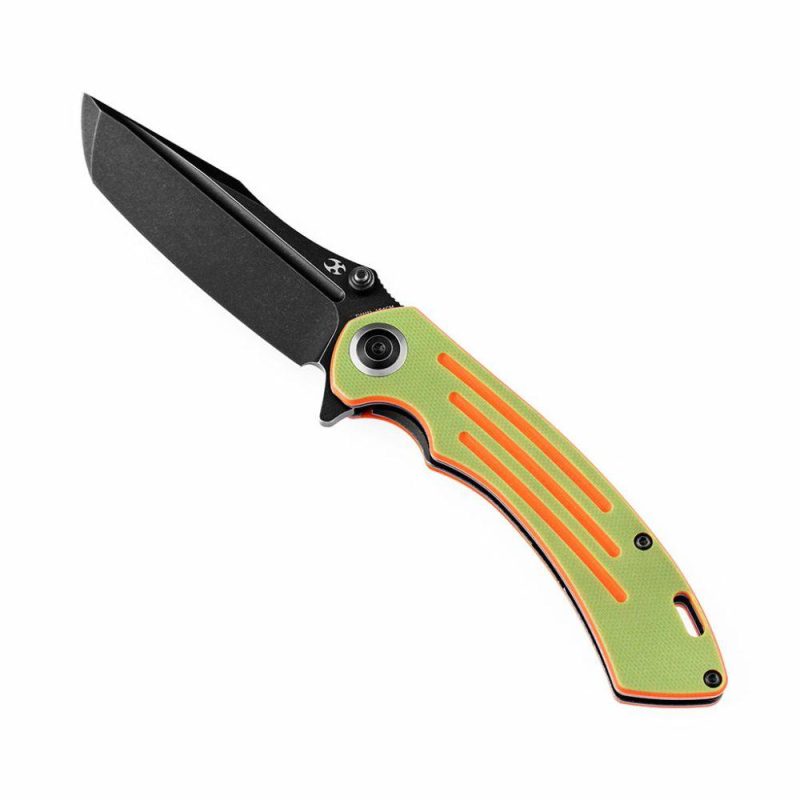 Pretatout T1032T2 Stonewashed 154CM Blade Green and Orange G10 Handle with Kmaxrom Design | Folding Pocket Knives