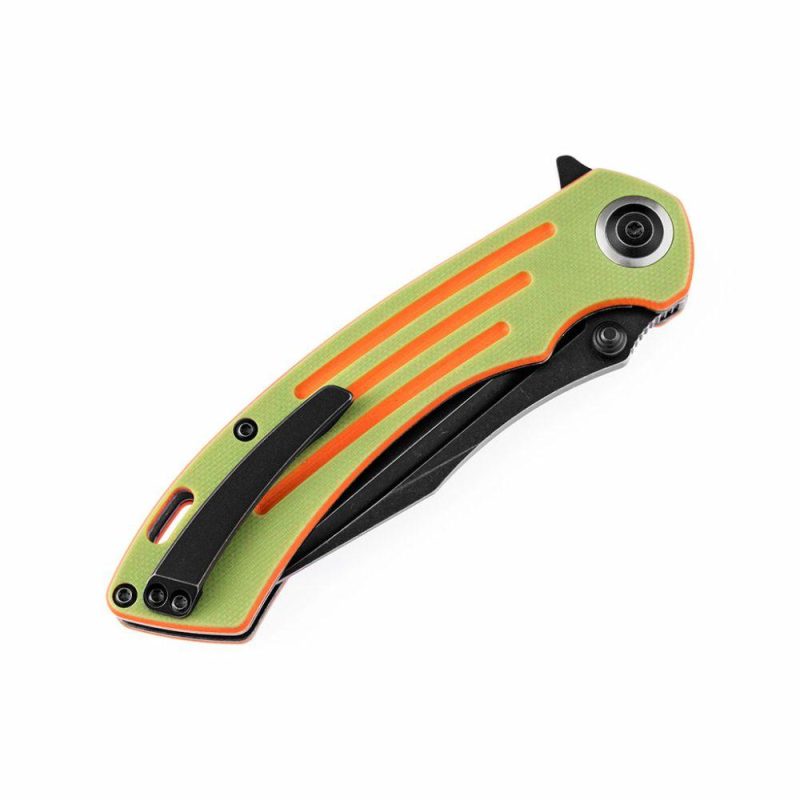 Pretatout T1032T2 Stonewashed 154CM Blade Green and Orange G10 Handle with Kmaxrom Design | Folding Pocket Knives