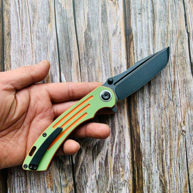 Pretatout T1032T2 Stonewashed 154CM Blade Green and Orange G10 Handle with Kmaxrom Design | Folding Pocket Knives