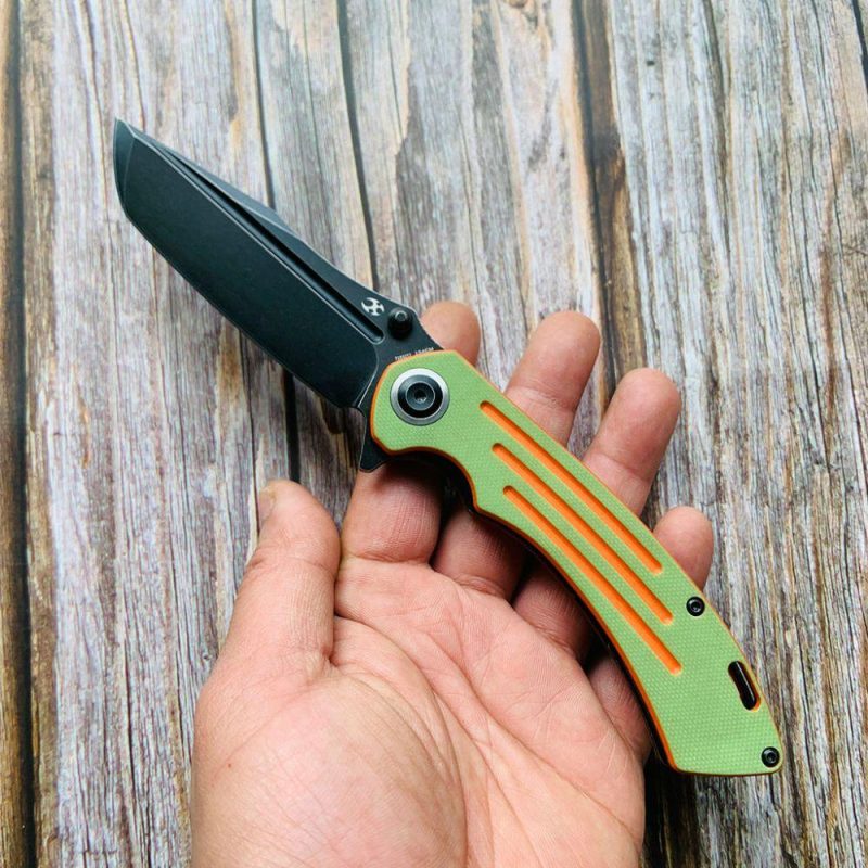 Pretatout T1032T2 Stonewashed 154CM Blade Green and Orange G10 Handle with Kmaxrom Design | Folding Pocket Knives