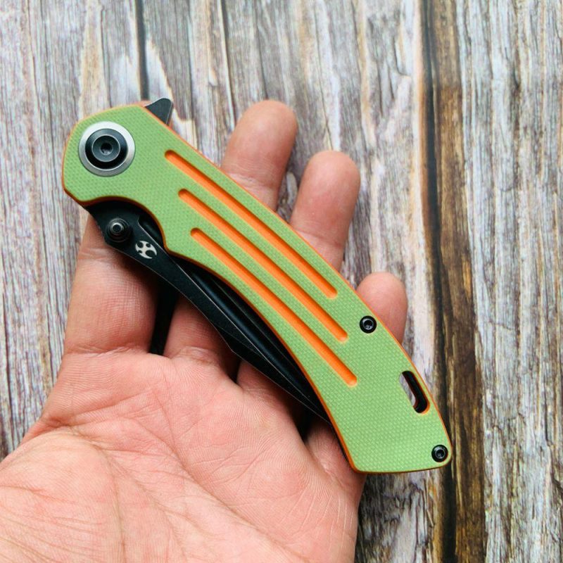 Pretatout T1032T2 Stonewashed 154CM Blade Green and Orange G10 Handle with Kmaxrom Design | Folding Pocket Knives