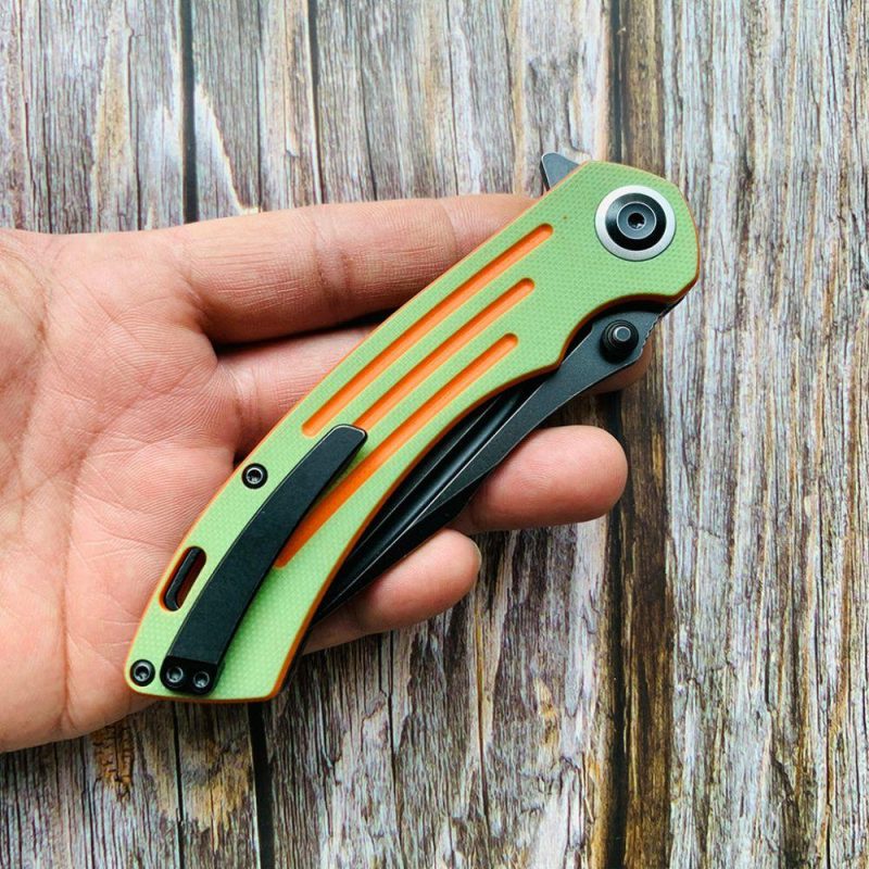 Pretatout T1032T2 Stonewashed 154CM Blade Green and Orange G10 Handle with Kmaxrom Design | Folding Pocket Knives