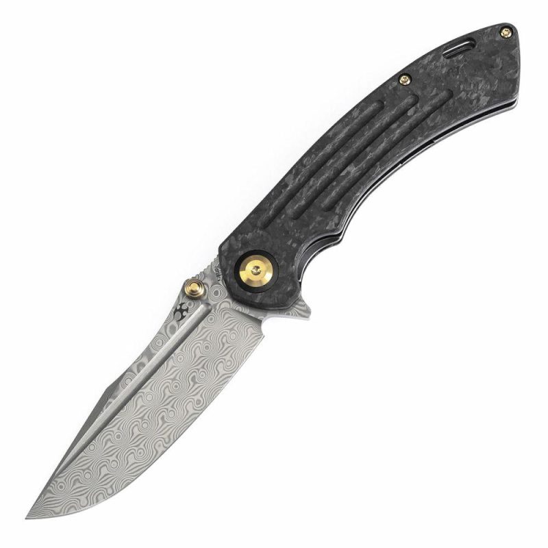 Pretatout Thumb Stub Flipper Shred Carbon Fiber Handle (3.56" Damascus Blade) with Kmaxrom Design-K1032D2 | Folding Pocket Knives