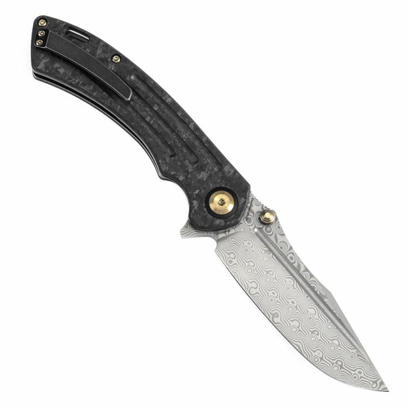 Pretatout Thumb Stub Flipper Shred Carbon Fiber Handle (3.56" Damascus Blade) with Kmaxrom Design-K1032D2 | Folding Pocket Knives