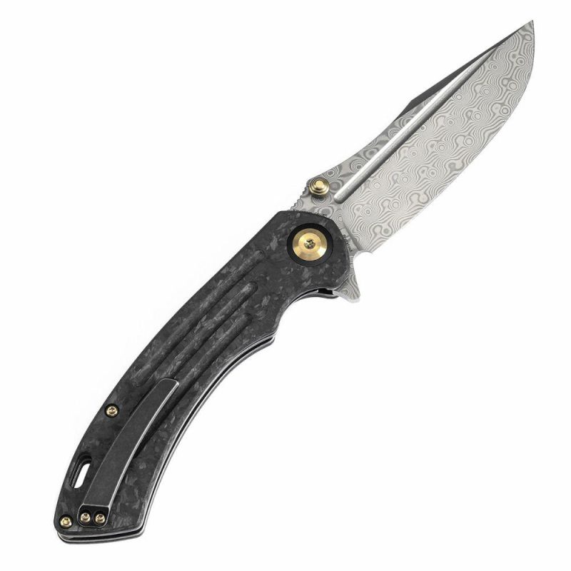 Pretatout Thumb Stub Flipper Shred Carbon Fiber Handle (3.56" Damascus Blade) with Kmaxrom Design-K1032D2 | Folding Pocket Knives