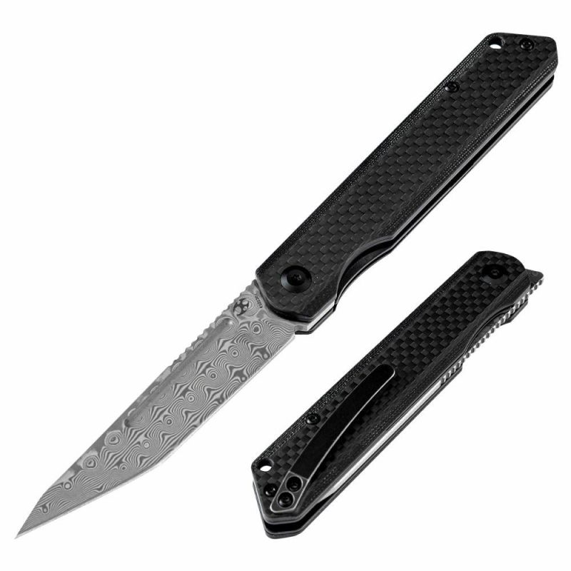 Prickle Flipper Knife Stainless Steel + Carbon Fiber Handle (3.53"Damascus Blade)Max Tkachuk Design-K1012D1 Black | Folding Pocket Knives