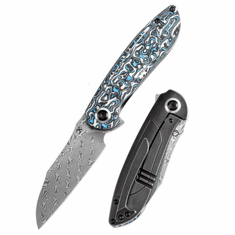 Prometheus Folding Knife Blue Whire Nebula Carbon Fiber Handle(3.29” Damascus Blade)D.O.C.K. Design-K1040A3 White Blue | Folding Pocket Knives