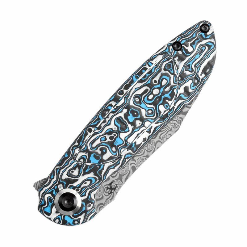 Prometheus Folding Knife Blue Whire Nebula Carbon Fiber Handle(3.29” Damascus Blade)D.O.C.K. Design-K1040A3 White Blue | Folding Pocket Knives