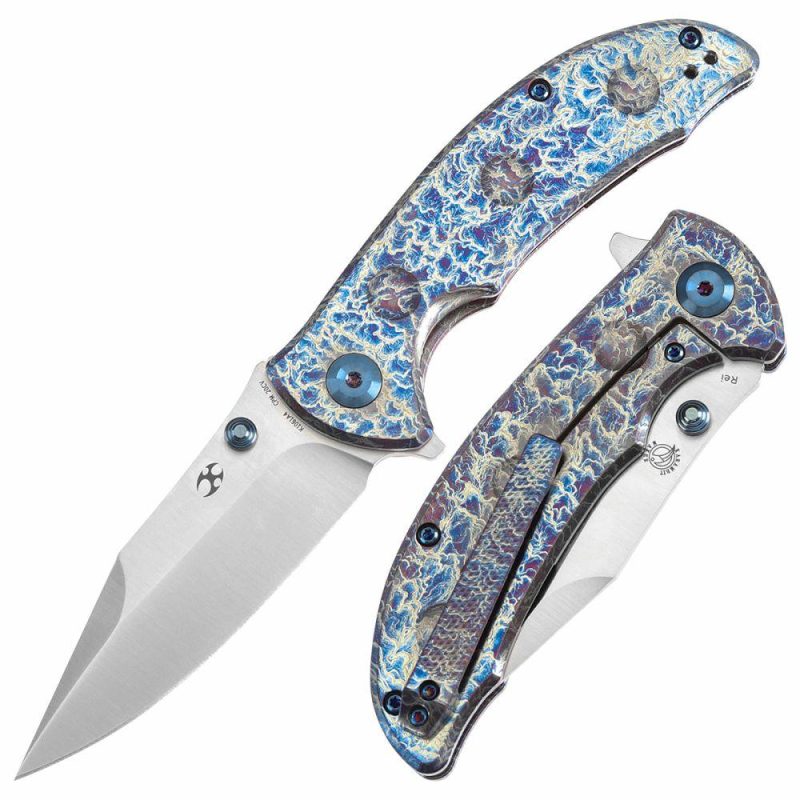 Rei Thumb Stub Flipper Titanium with Lightning Strike Finish(3.3"CPM 20CV) Karambit Maker Design-K1061A4 Blue | Folding Pocket Knives