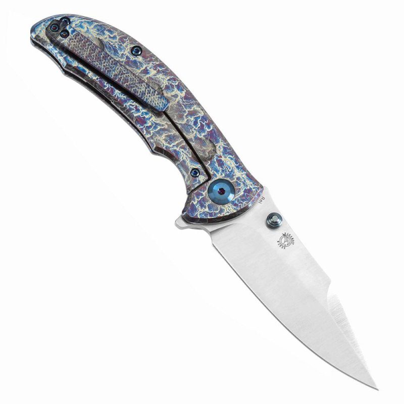 Rei Thumb Stub Flipper Titanium with Lightning Strike Finish(3.3"CPM 20CV) Karambit Maker Design-K1061A4 Blue | Folding Pocket Knives