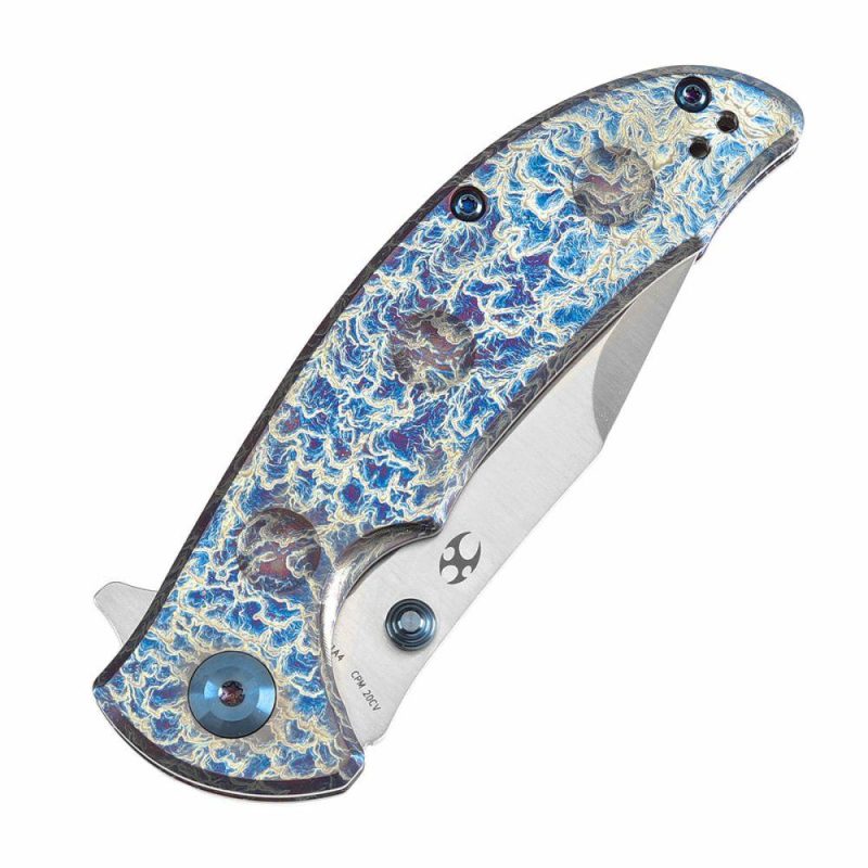 Rei Thumb Stub Flipper Titanium with Lightning Strike Finish(3.3"CPM 20CV) Karambit Maker Design-K1061A4 Blue | Folding Pocket Knives