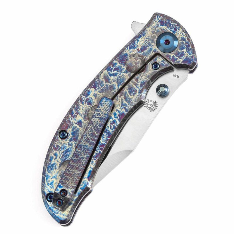 Rei Thumb Stub Flipper Titanium with Lightning Strike Finish(3.3"CPM 20CV) Karambit Maker Design-K1061A4 Blue | Folding Pocket Knives