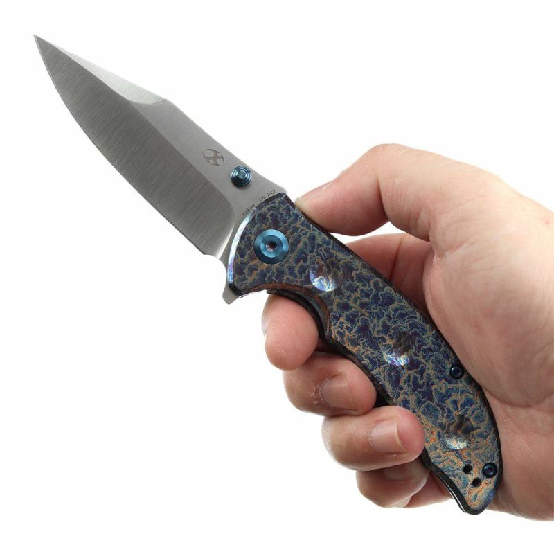 Rei Thumb Stub Flipper Titanium with Lightning Strike Finish(3.3"CPM 20CV) Karambit Maker Design-K1061A4 Blue | Folding Pocket Knives