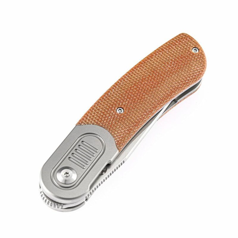 Reverie K2025A7 Under 3” Front Flipper Brown Micarta Handle with Titanium Bolster S35VN Blade Justin Lundquist Design Brown | Folding Pocket Knives