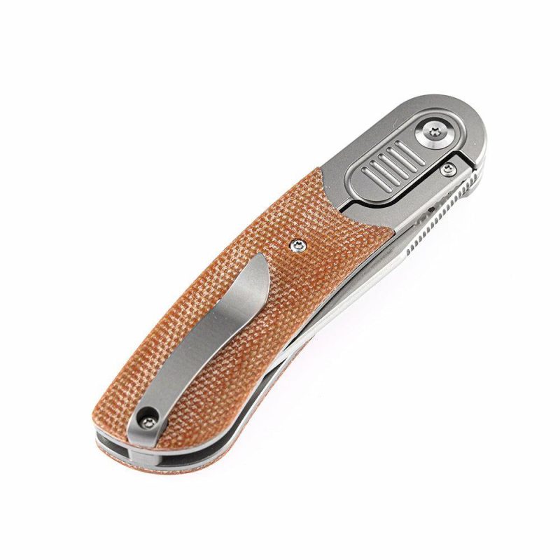 Reverie K2025A7 Under 3” Front Flipper Brown Micarta Handle with Titanium Bolster S35VN Blade Justin Lundquist Design Brown | Folding Pocket Knives