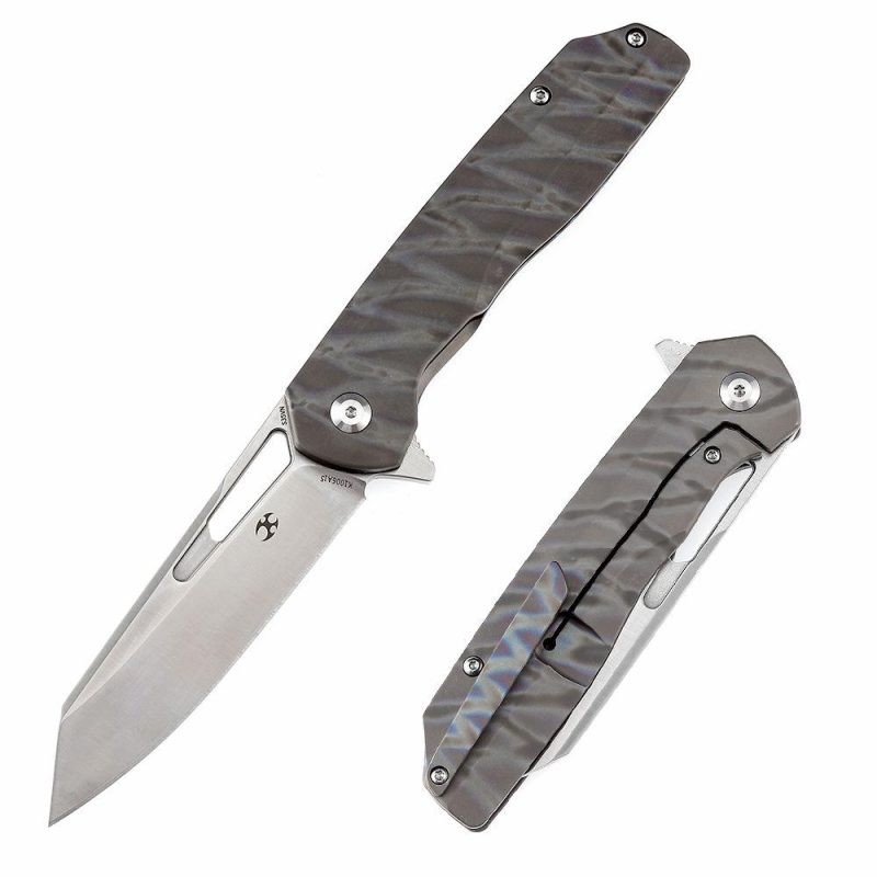 Shard K1006A15 Satin CPM-S35VN Blade Tiger Stripe Flamed Titanium Handle With Kim Ning Design | Folding Pocket Knives