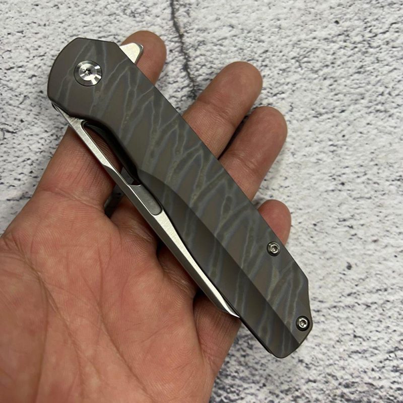 Shard K1006A15 Satin CPM-S35VN Blade Tiger Stripe Flamed Titanium Handle With Kim Ning Design | Folding Pocket Knives