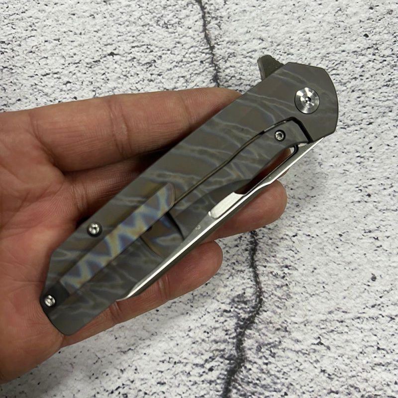 Shard K1006A15 Satin CPM-S35VN Blade Tiger Stripe Flamed Titanium Handle With Kim Ning Design | Folding Pocket Knives