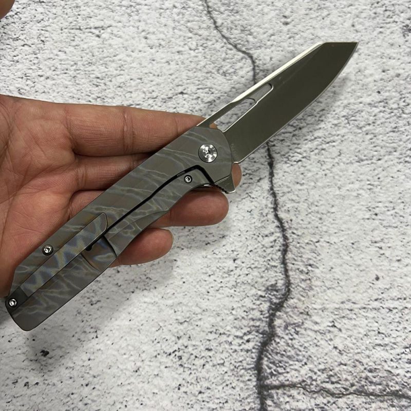 Shard K1006A15 Satin CPM-S35VN Blade Tiger Stripe Flamed Titanium Handle With Kim Ning Design | Folding Pocket Knives