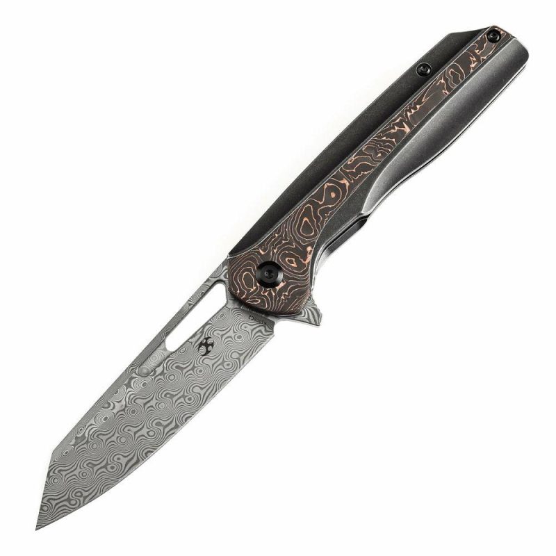 Shard K1006C2 Damascus Blade Blackwashed Titanium and Copper Carbon Fiber Handle With Kim Ning Design | Folding Pocket Knives