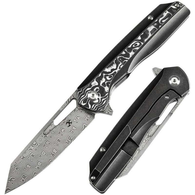 Shard K1006C3 Damascus Blade Black White Nebula Carbon Fiber Handle With Kim Ning Design | Folding Pocket Knives