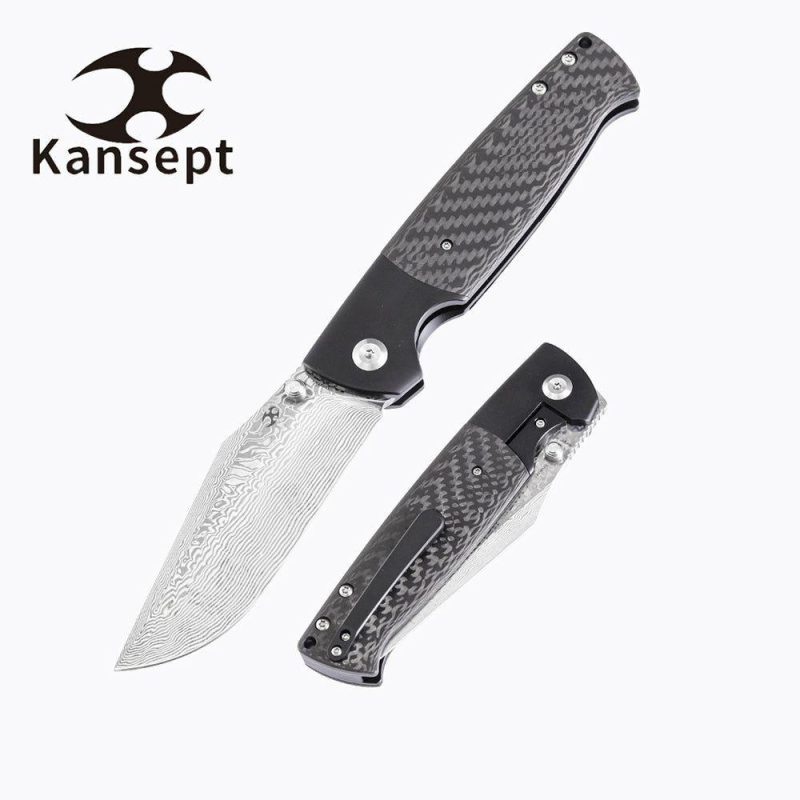 Shikari K1027A4 Damascus Blade Twill Carbon Fiber Handle with Titanium Bolster Morgan Koens Dessign Black | Folding Pocket Knives