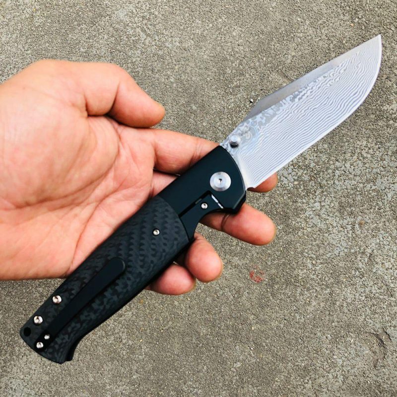 Shikari K1027A4 Damascus Blade Twill Carbon Fiber Handle with Titanium Bolster Morgan Koens Dessign Black | Folding Pocket Knives