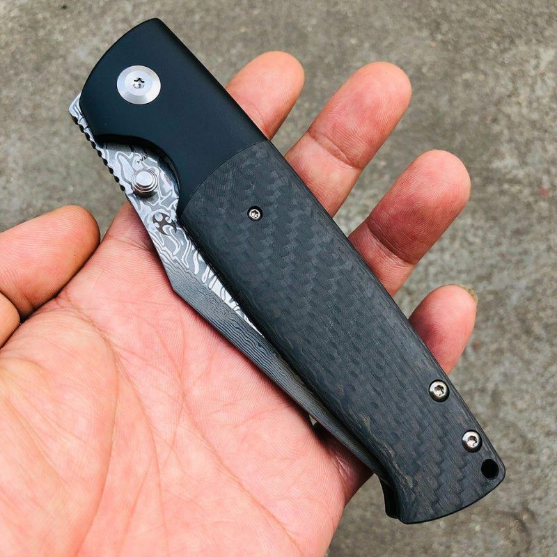 Shikari K1027A4 Damascus Blade Twill Carbon Fiber Handle with Titanium Bolster Morgan Koens Dessign Black | Folding Pocket Knives