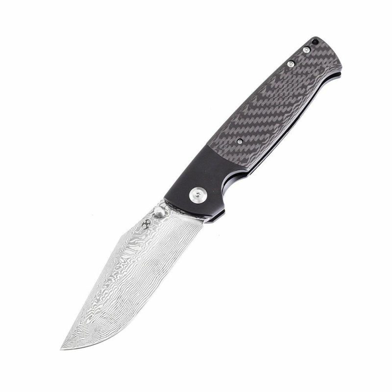 Shikari K1027A4 Damascus Blade Twill Carbon Fiber Handle with Titanium Bolster Morgan Koens Dessign Black | Folding Pocket Knives