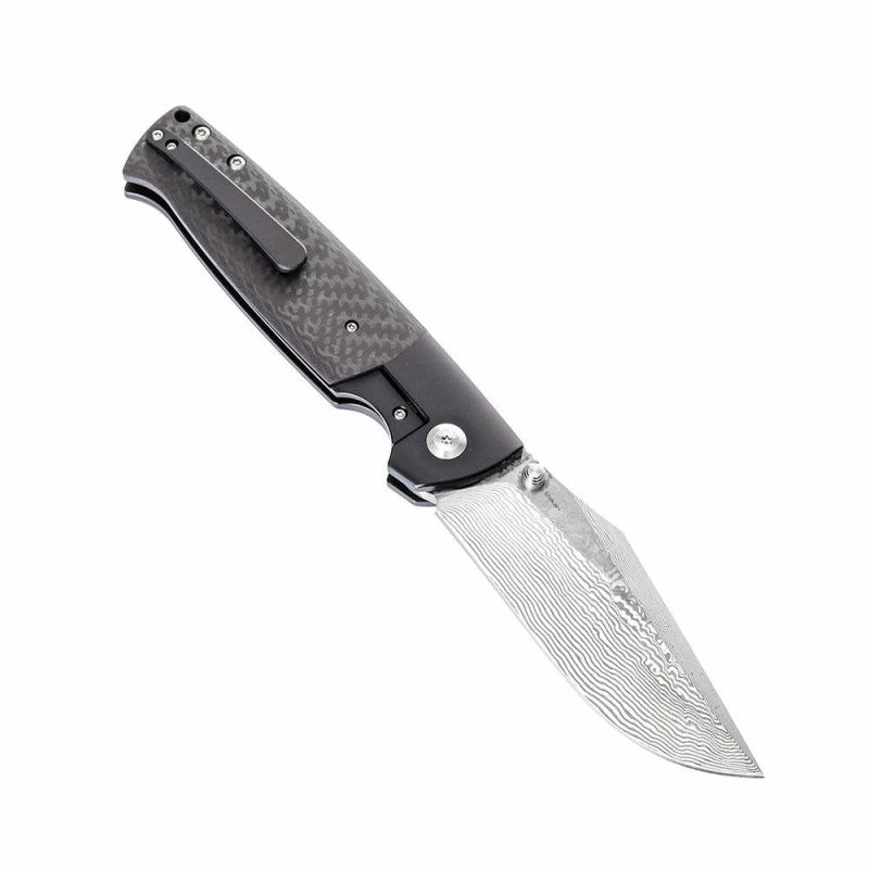 Shikari K1027A4 Damascus Blade Twill Carbon Fiber Handle with Titanium Bolster Morgan Koens Dessign Black | Folding Pocket Knives