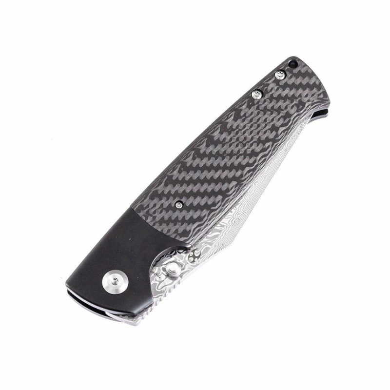 Shikari K1027A4 Damascus Blade Twill Carbon Fiber Handle with Titanium Bolster Morgan Koens Dessign Black | Folding Pocket Knives