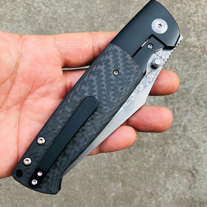 Shikari K1027A4 Damascus Blade Twill Carbon Fiber Handle with Titanium Bolster Morgan Koens Dessign Black | Folding Pocket Knives