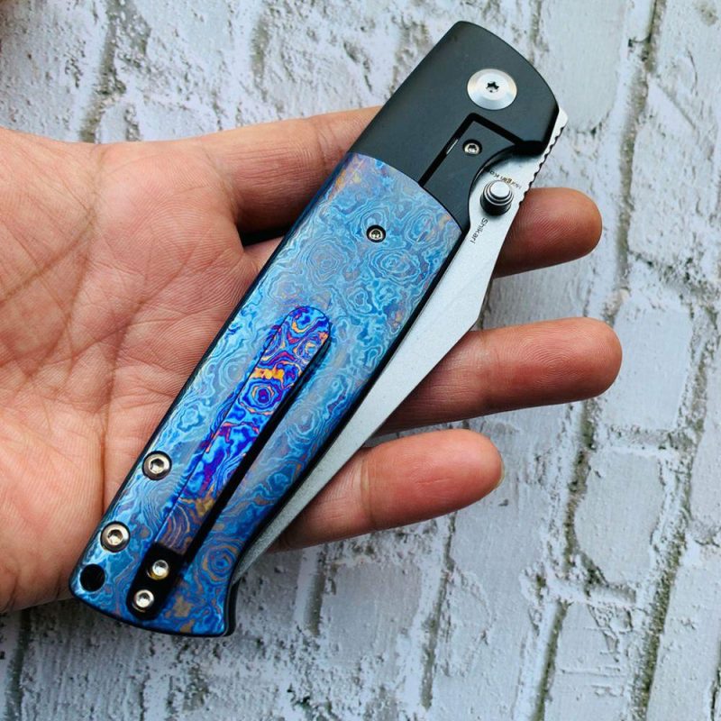 Shikari K1027A5 CPM-20CV Blade Black Anodized Titanium + Timascus +timascus clip Handle with Morgan KoensDessign | Folding Pocket Knives