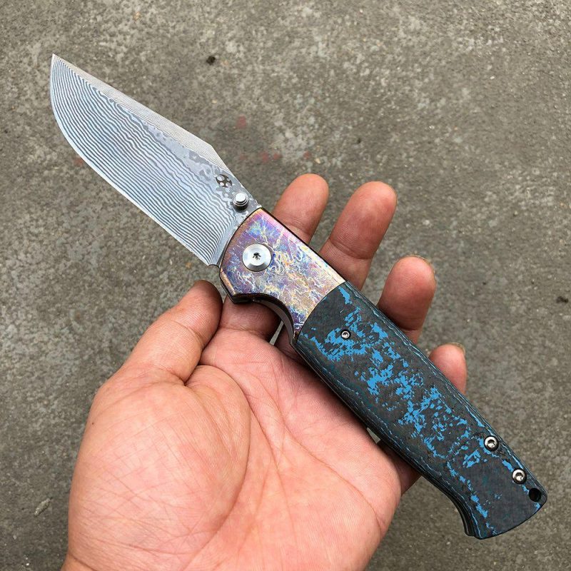 Shikari K1027A6 Damascus Blade Artic Storm Fat Carbon Handle with Timascus Bolster Morgan Koens Dessign Blue | Folding Pocket Knives