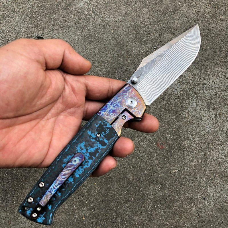 Shikari K1027A6 Damascus Blade Artic Storm Fat Carbon Handle with Timascus Bolster Morgan Koens Dessign Blue | Folding Pocket Knives