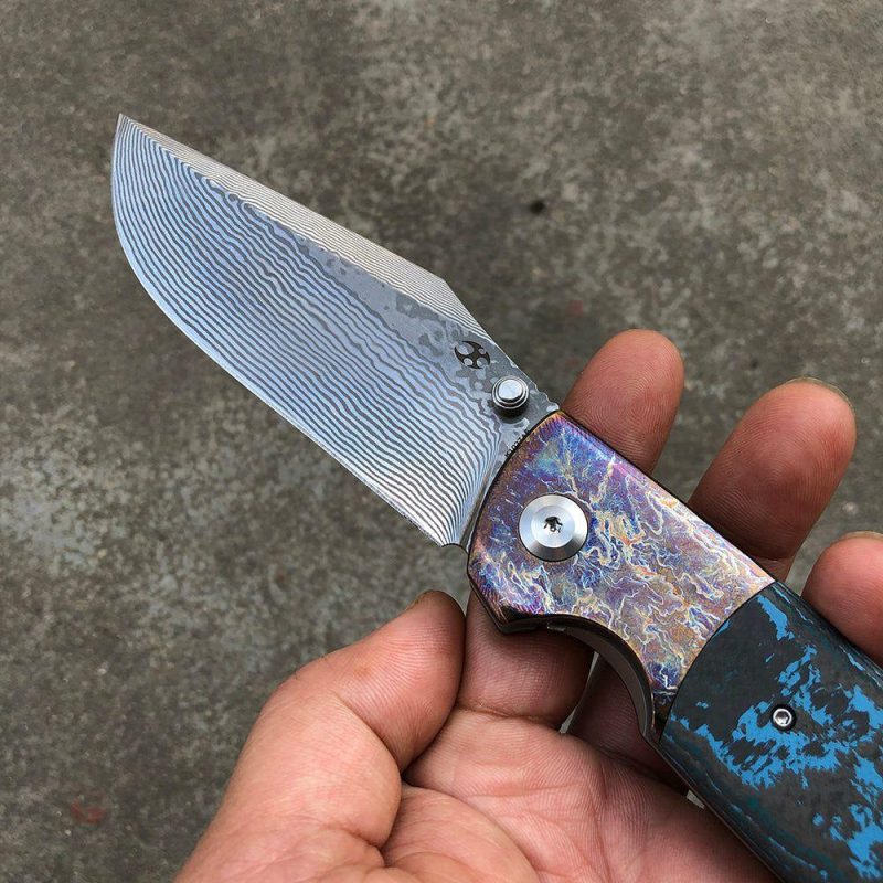 Shikari K1027A6 Damascus Blade Artic Storm Fat Carbon Handle with Timascus Bolster Morgan Koens Dessign Blue | Folding Pocket Knives