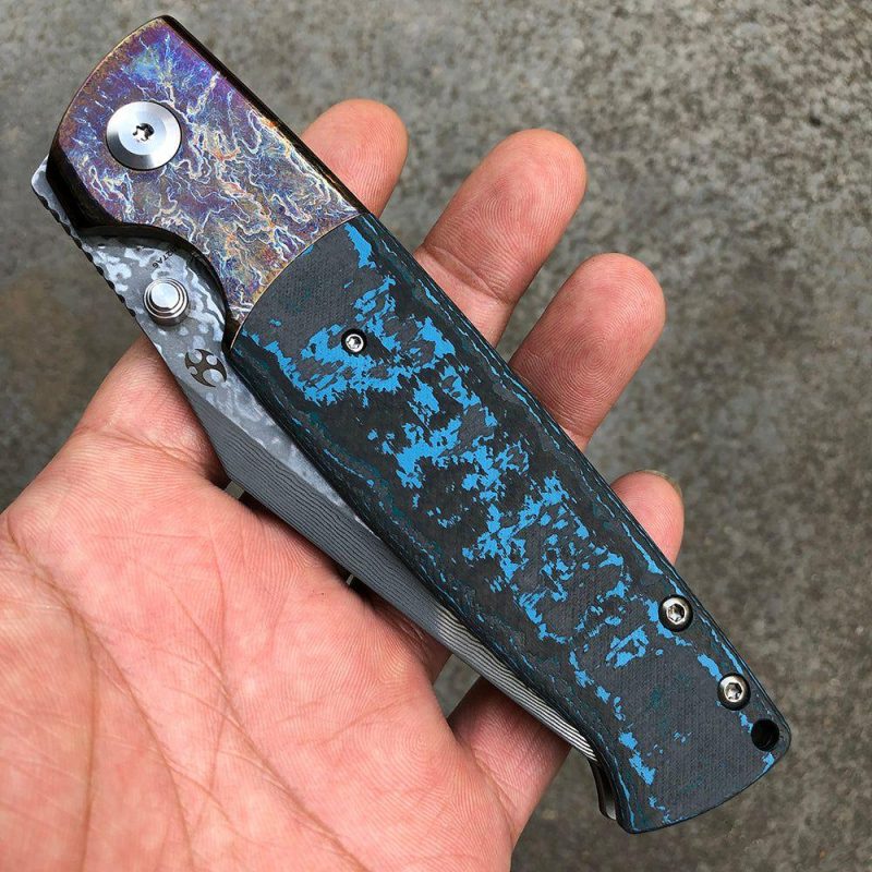 Shikari K1027A6 Damascus Blade Artic Storm Fat Carbon Handle with Timascus Bolster Morgan Koens Dessign Blue | Folding Pocket Knives