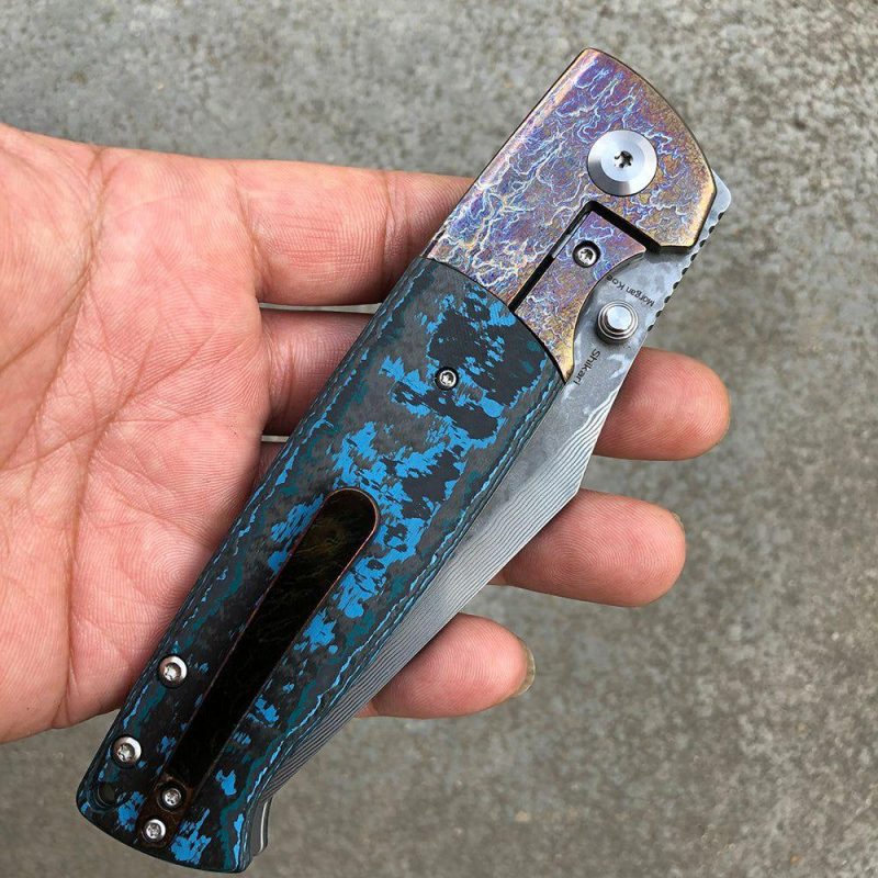 Shikari K1027A6 Damascus Blade Artic Storm Fat Carbon Handle with Timascus Bolster Morgan Koens Dessign Blue | Folding Pocket Knives