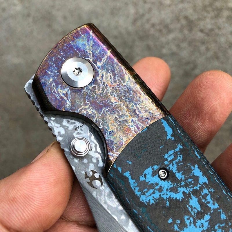 Shikari K1027A6 Damascus Blade Artic Storm Fat Carbon Handle with Timascus Bolster Morgan Koens Dessign Blue | Folding Pocket Knives