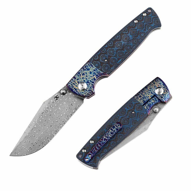 Shikari K1027A7 Rose Pattern Damascus Blade Lightning Strike Titanium + Black and Blue Carbon Fiber Inlays+Timascus clip Handle with Morgan Koens Dessign | Folding Pocket Knives